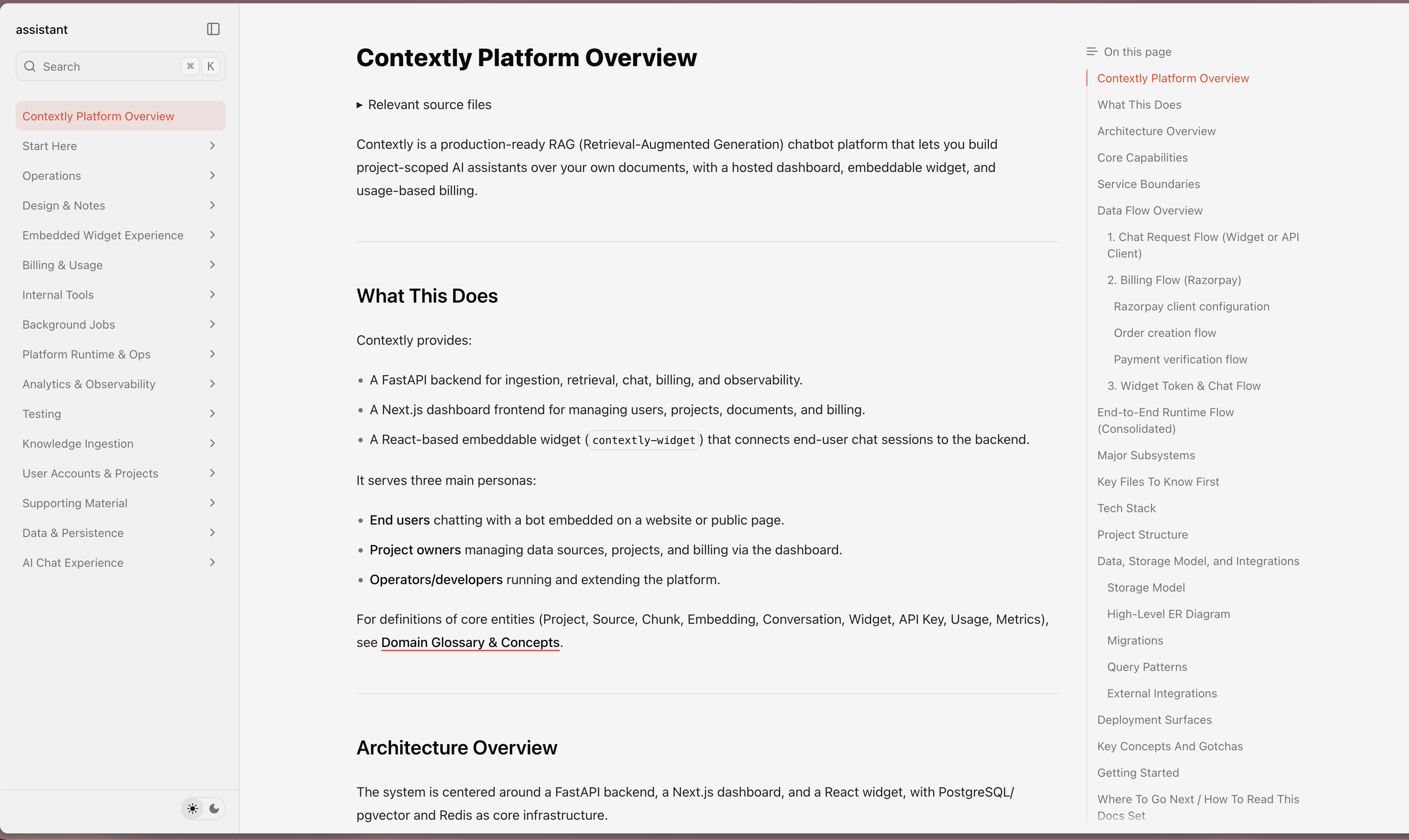 Generated DeepDoc documentation site for the Contextly platform, showing structured navigation and source-grounded content